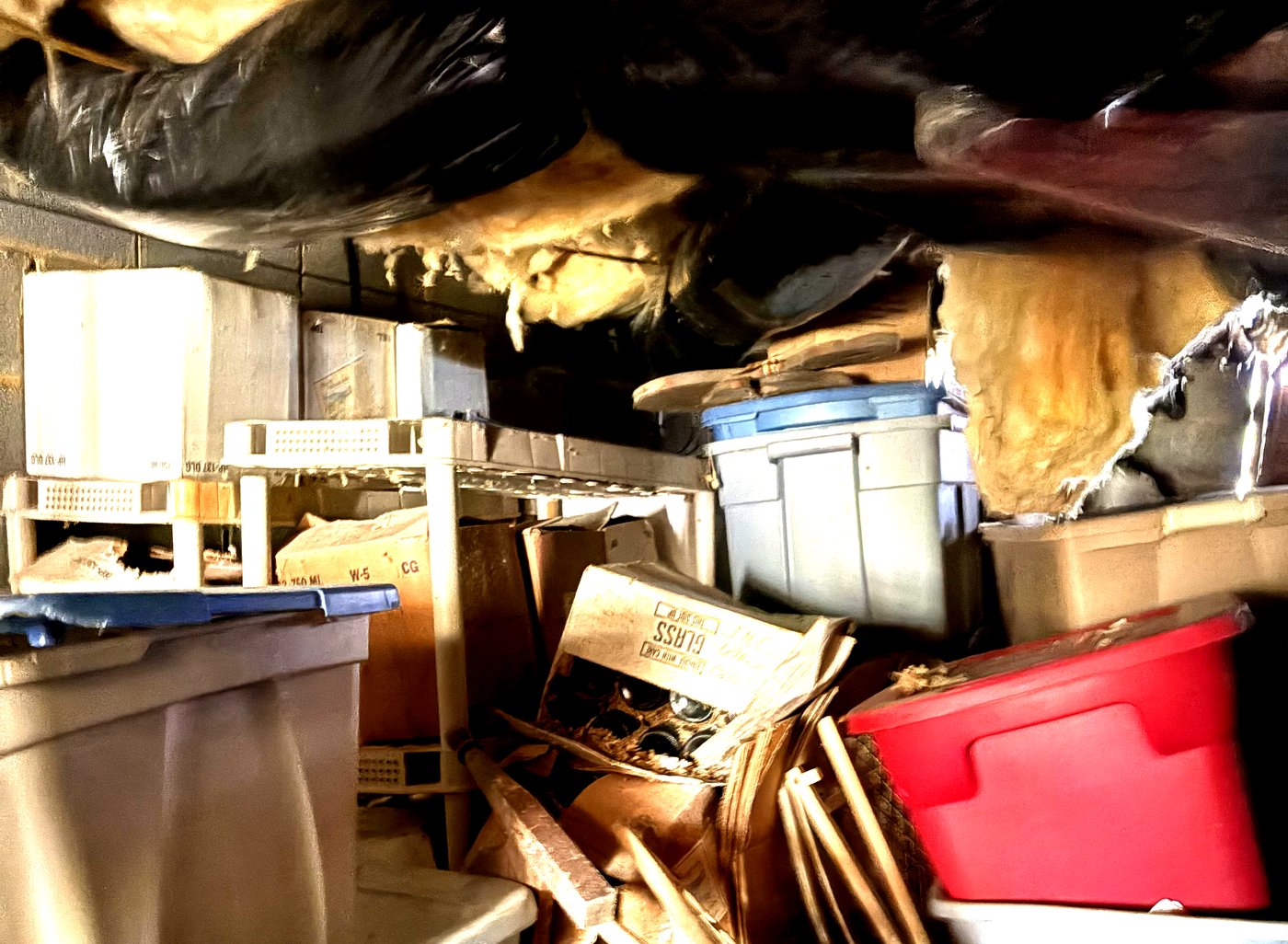 Crawl space packed with bins and debris in Charlottesville VA — Albemarle Moving cleanout crew